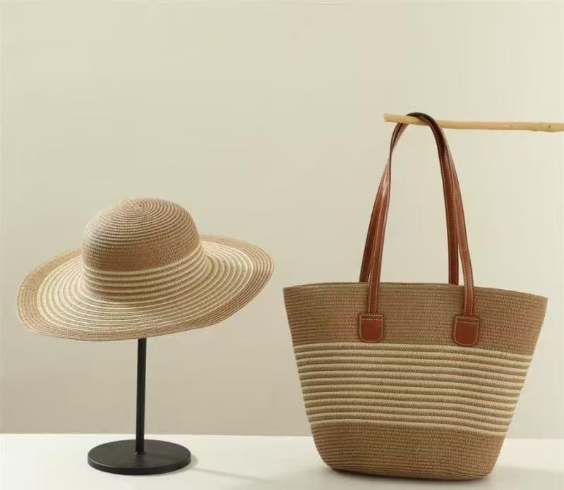 🏖️ Ensemble Été 2 Pièces : Chapeau de Paille & Sac Tissé Fourre-Tout L