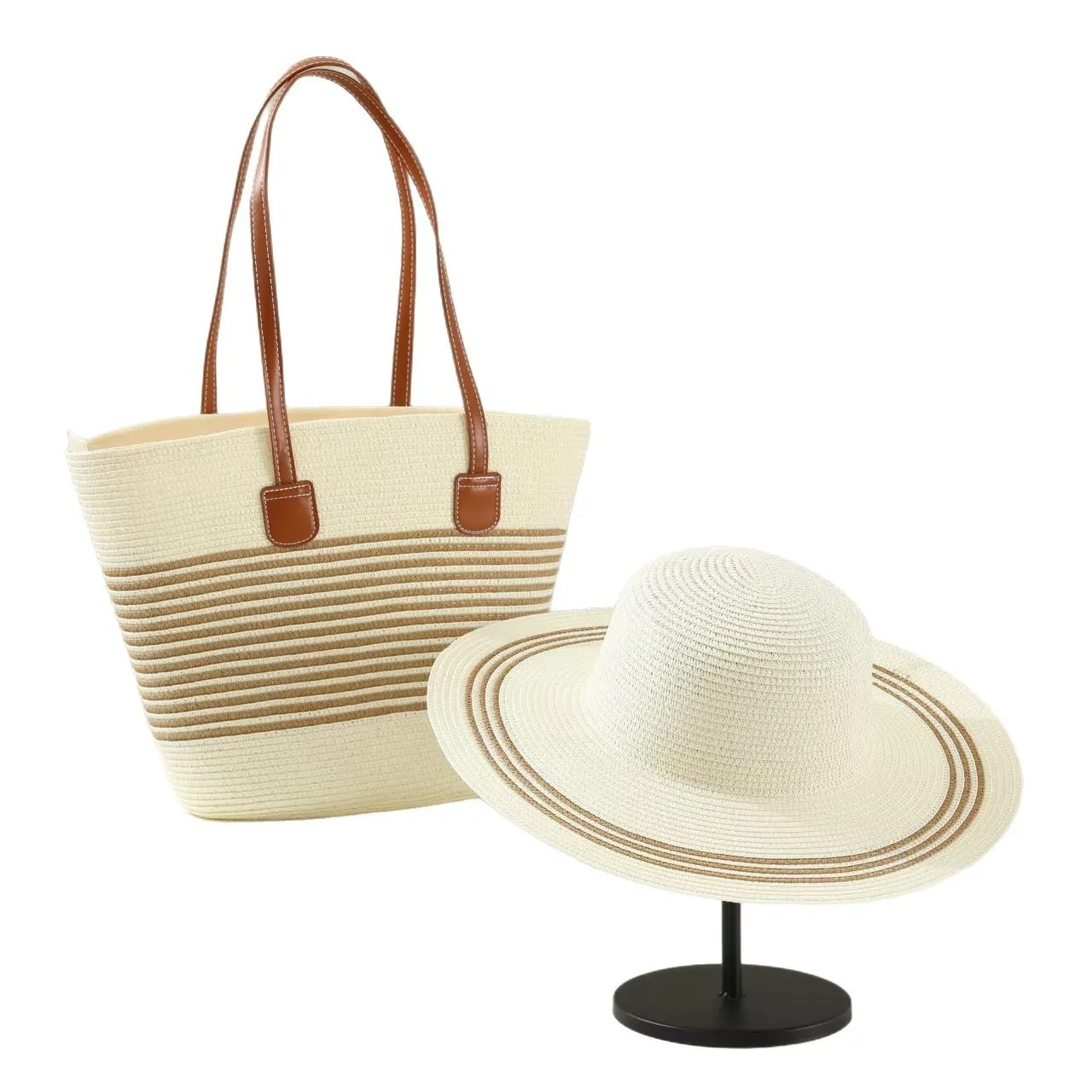 🏖️ Ensemble Été 2 Pièces : Chapeau de Paille & Sac Tissé Fourre-Tout