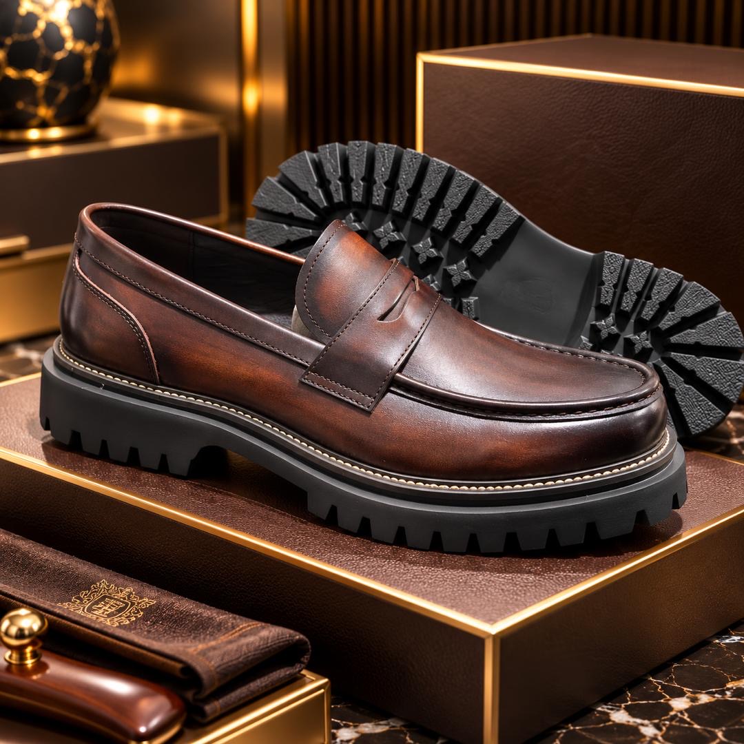 Mocassins à Glands en Cuir Patiné Cognac marron foncé– Semelle Épaisse Commando