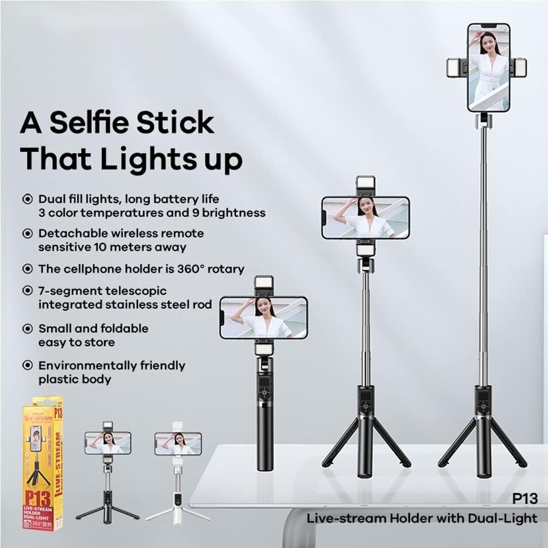 Remax – trépied de perche à Selfie, double lumière de remplissage, support de télécommande sans fil pour diffusion en direct, pour iPhone et tous les téléphones mobiles