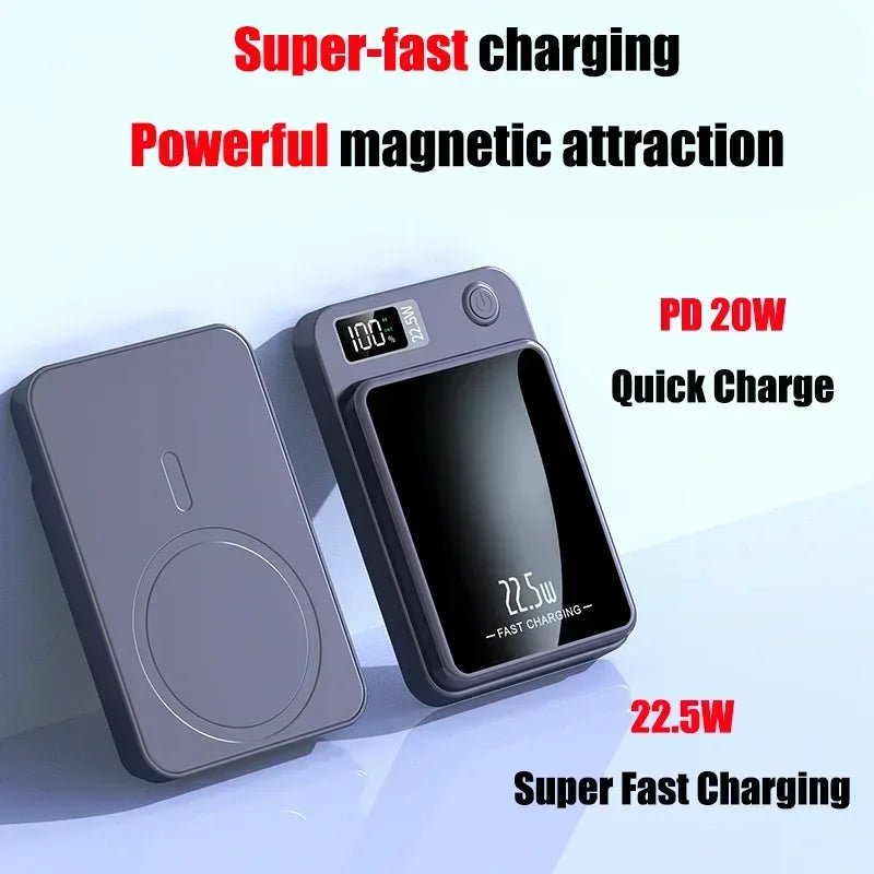 Power Bank Magnétique Sans Fil 10000mAh - Chargeur Rapide Type C 22.5W avec Affichage LED pour iPhone, Samsung, et MacSafe - 2024 Nouvelle Génération