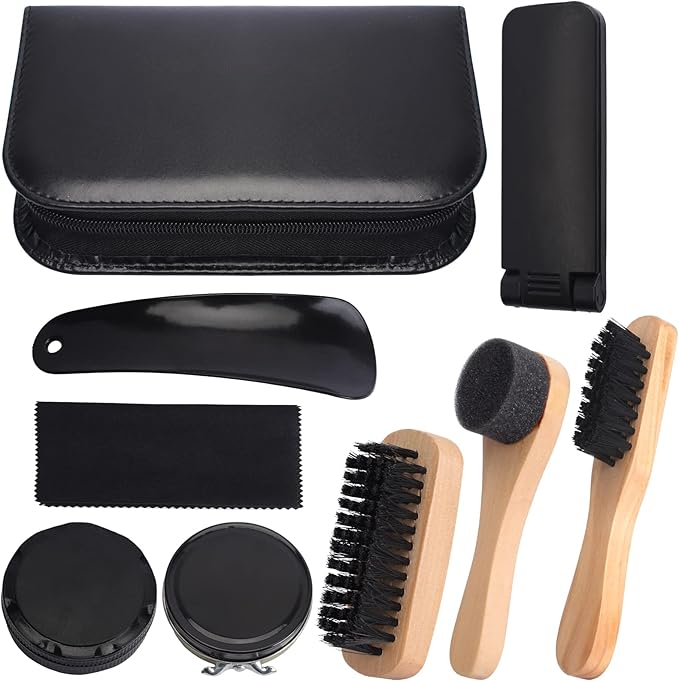 Kit de Cirage et Entretien pour Chaussures en Cuir – 8 Pièces : 1 sac de rangement, 3 brosses en bois, 1 chausse-pied, 1 chiffon de nettoyage, 1 cire naturelle et 1 brosse ronde.