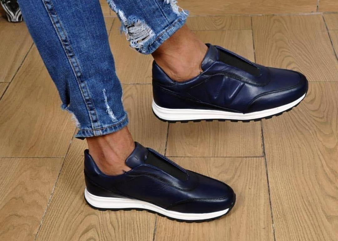 Chaussures Sneakers - Basket en Cuir Bleu sans lacet