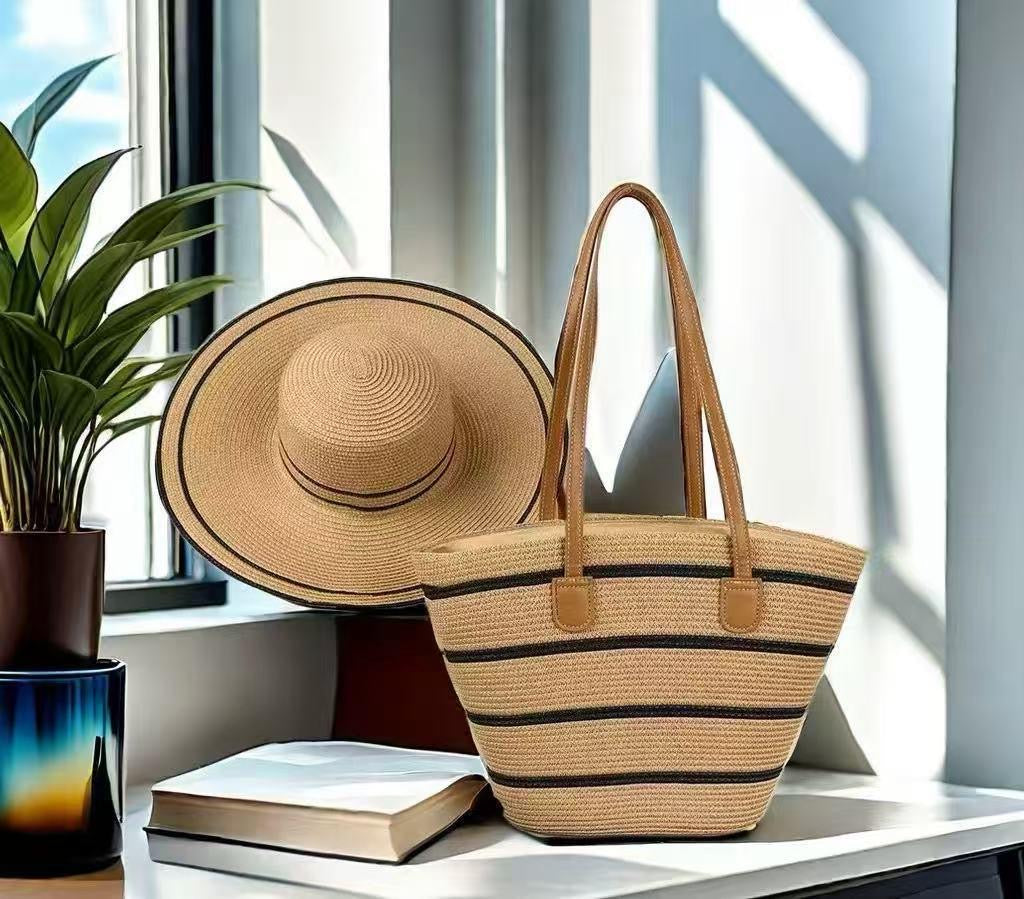 🏖️ Ensemble Été 2 Pièces : Chapeau de Paille & Sac Tissé Fourre-Tout O