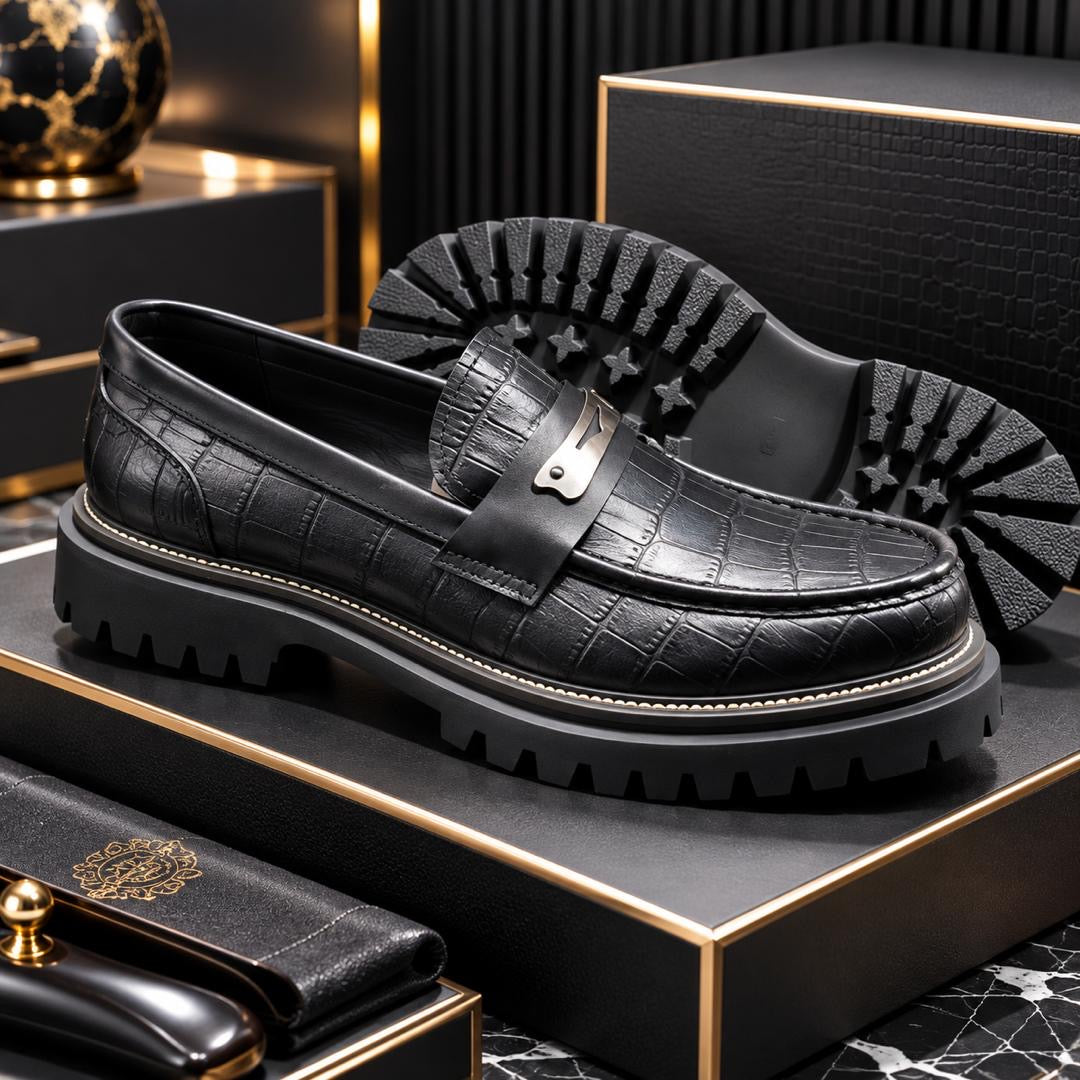 Mocassins à Glands en Cuir Patiné Cognac Noir 2– Semelle Épaisse Commando