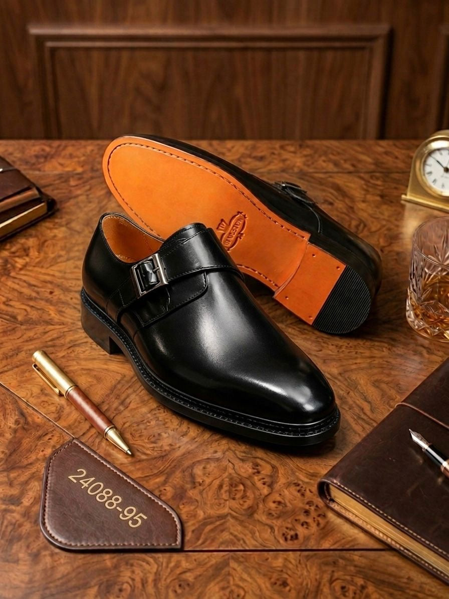 Soulier Richelieu Double Boucle en Cuir 100% Noir Patiné – Le Prestige Absolu