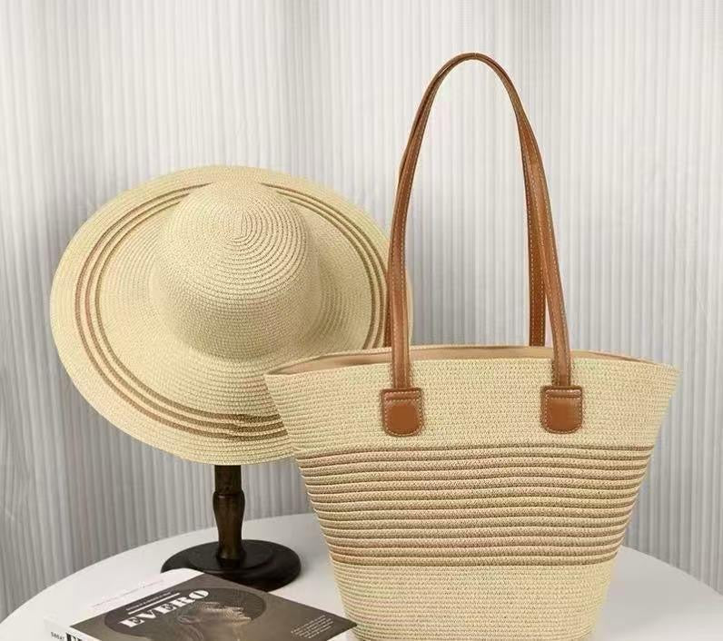 🏖️ Ensemble Été 2 Pièces : Chapeau de Paille & Sac Tissé Fourre-Tout