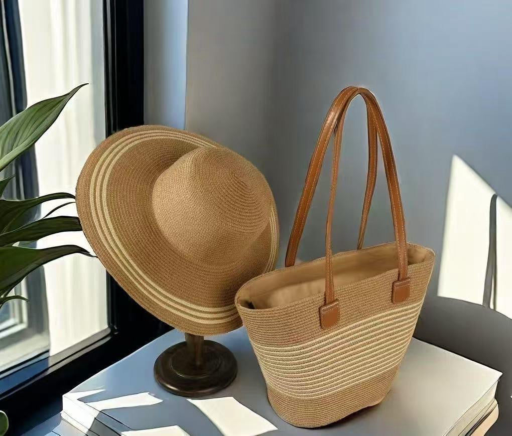 🏖️ Ensemble Été 2 Pièces : Chapeau de Paille & Sac Tissé Fourre-Tout F