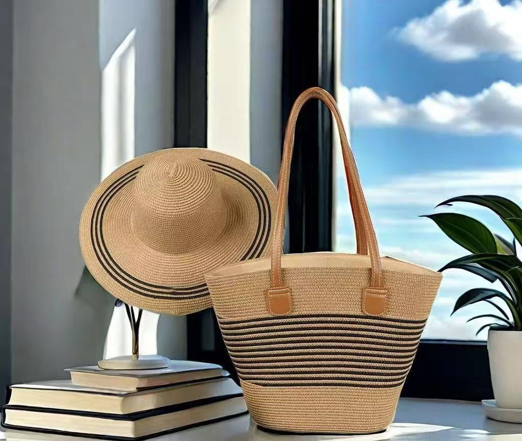 🏖️ Ensemble Été 2 Pièces : Chapeau de Paille & Sac Tissé Fourre-Tout E