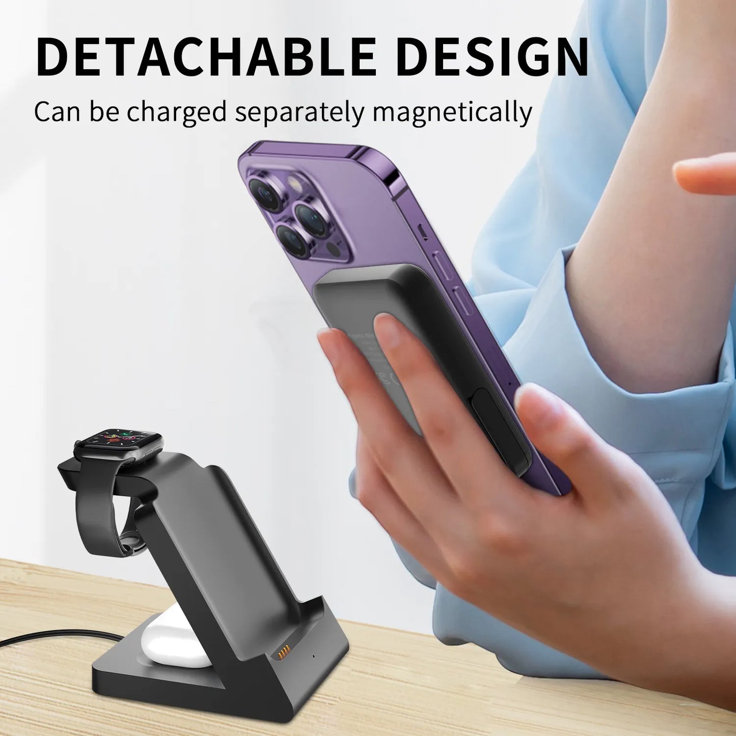 Chargeur sans fil 3-en-1 avec batterie externe magnétique détachable 5000mah, chargeur portable, batterie externe USB C pour aimant