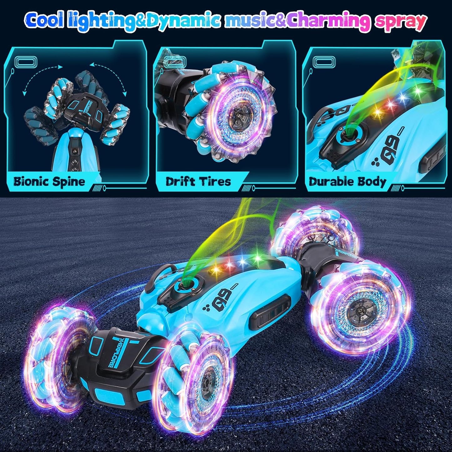 Comius Sharp Voiture Télécommandée, avec Lumières et Musique, Pulvériser, 2.4GHz RC Voiture Radiocommandee Jeux Extérieur Jouet Cadeau pour Garçon Fille 6-12 Ans
