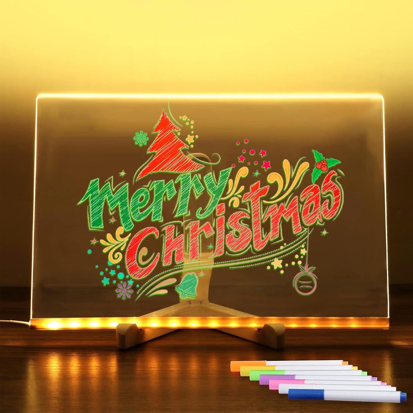 Tableau en acrylique lumineux effaçable à sec avec LED multicolores, stylo, et support réglable.
