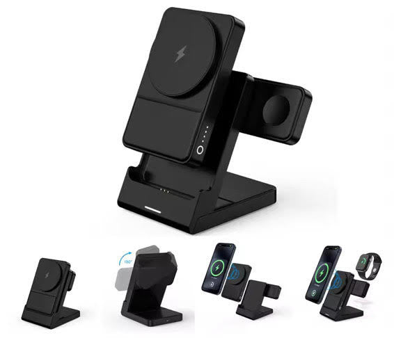 Nouveautés Produit Support de chargeur sans fil 3 en 1 avec banque d'alimentation magnétique détachable Banque d'alimentation Capacité: 5000mAh