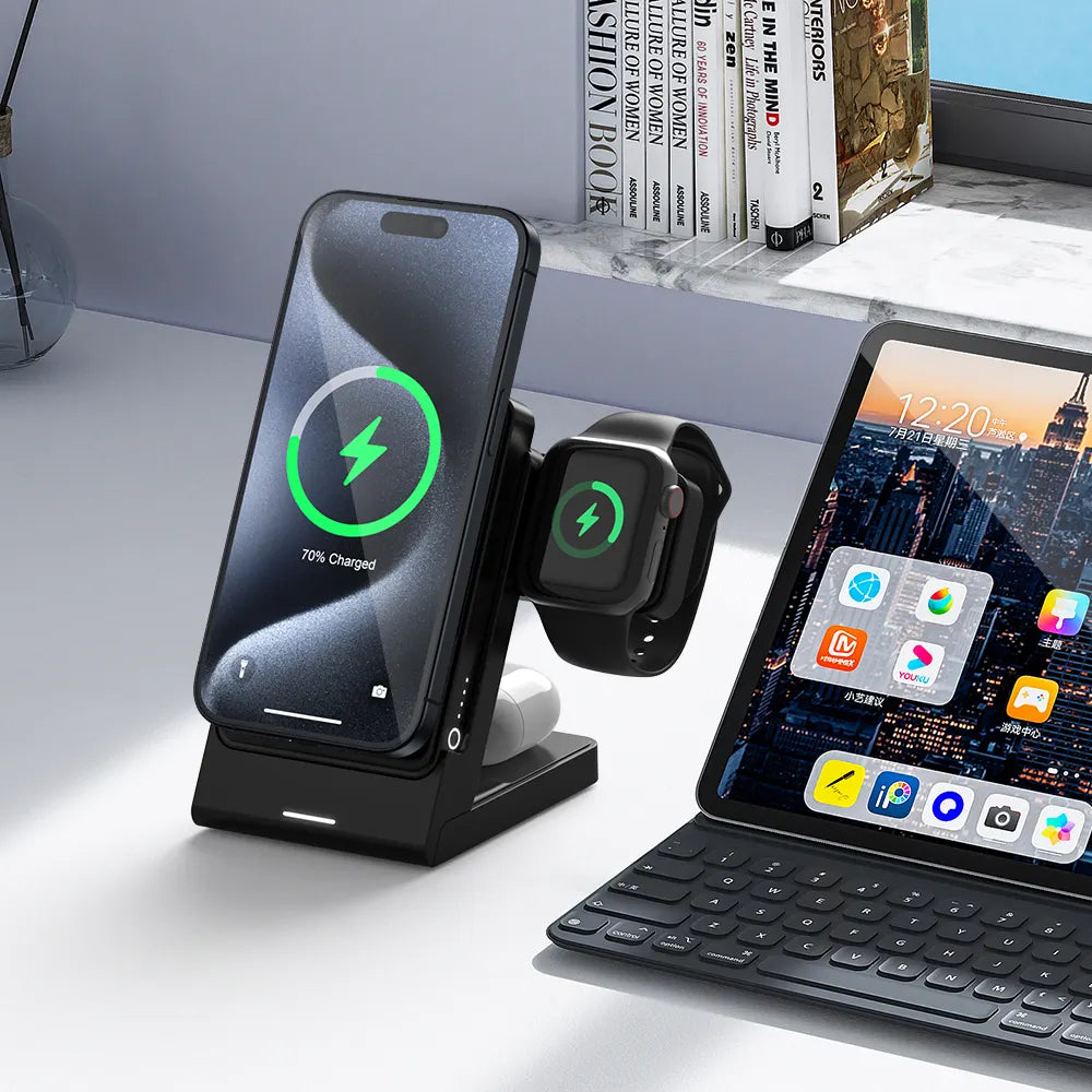 Nouveautés Produit Support de chargeur sans fil 3 en 1 avec banque d'alimentation magnétique détachable Banque d'alimentation Capacité: 5000mAh