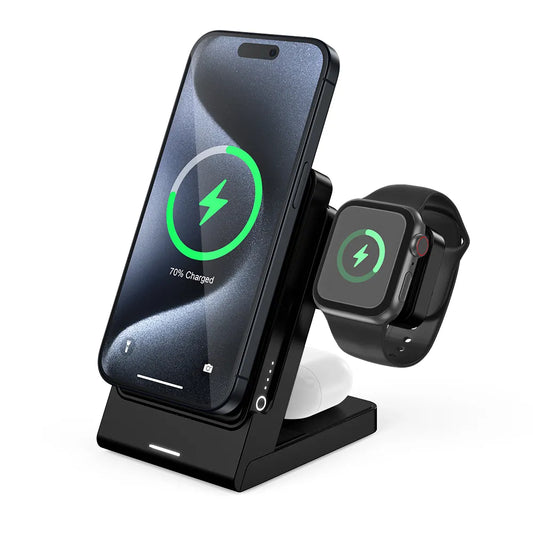 Nouveautés Produit Support de chargeur sans fil 3 en 1 avec banque d'alimentation magnétique détachable Banque d'alimentation Capacité: 5000mAh