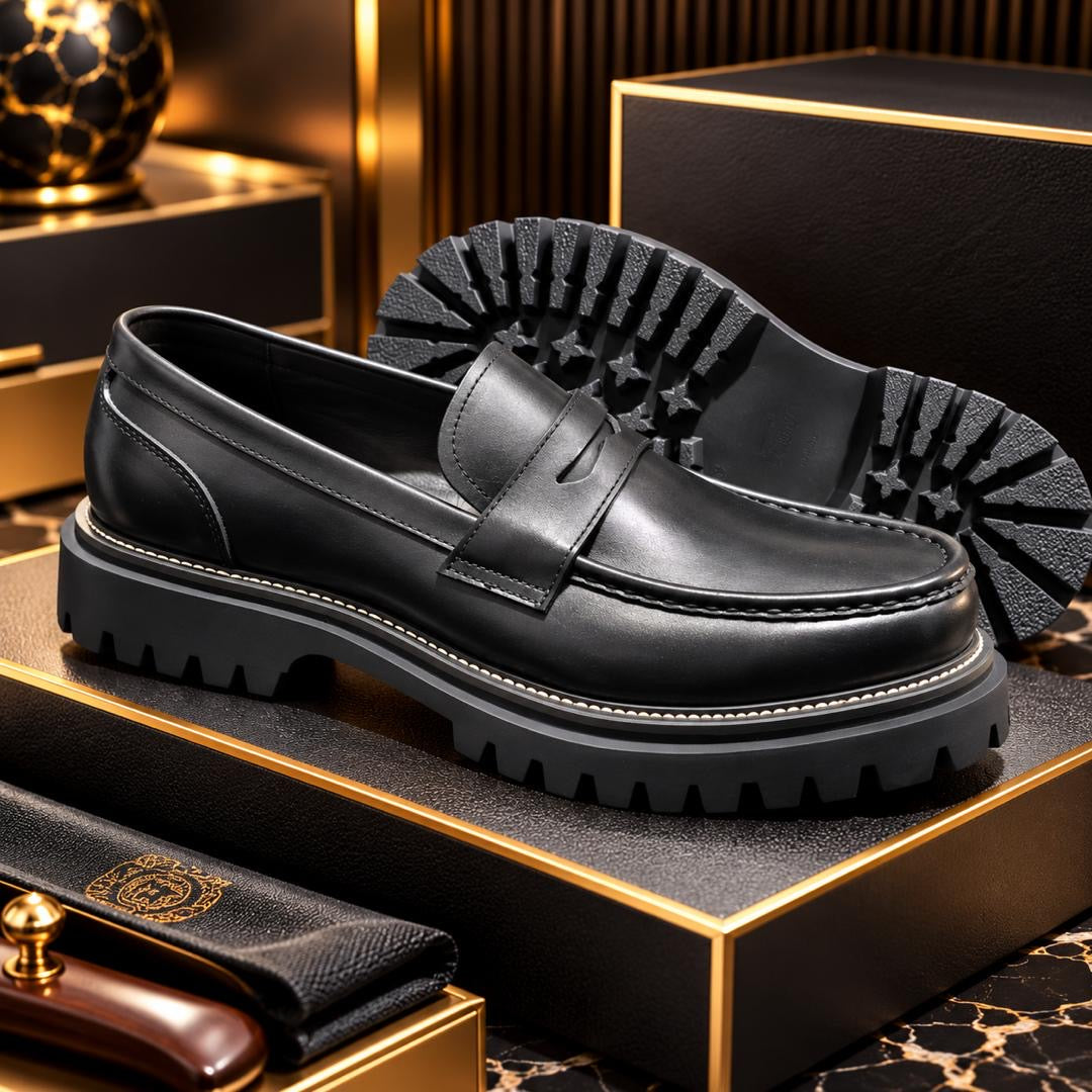 Mocassins à Glands en Cuir Patiné Cognac Noir 1– Semelle Épaisse Commando