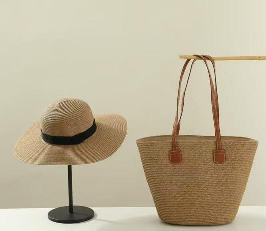 🏖️ Ensemble Été 2 Pièces : Chapeau de Paille & Sac Tissé Fourre-Tout K