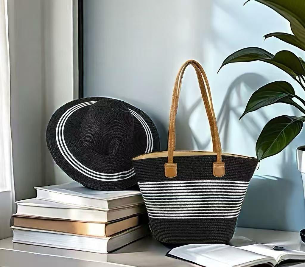 🏖️ Ensemble Été 2 Pièces : Chapeau de Paille & Sac Tissé Fourre-Tout N