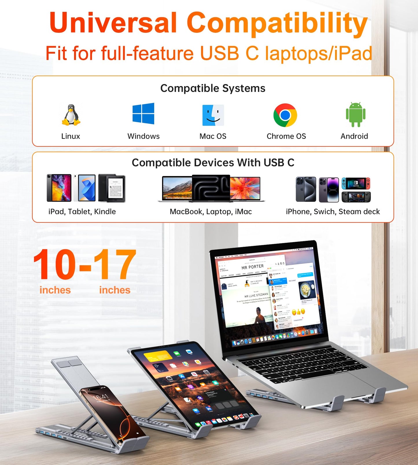 Hub USB-C 5 en 1 avec Support Réglable en Aluminium – 4 Ports USB 3.0 (5 Gbit/s) – Station d’Accueil Pliable pour Ordinateur Portable (MacBook, Dell, HP, Lenovo, etc.) – [Chargement non pris en charge]