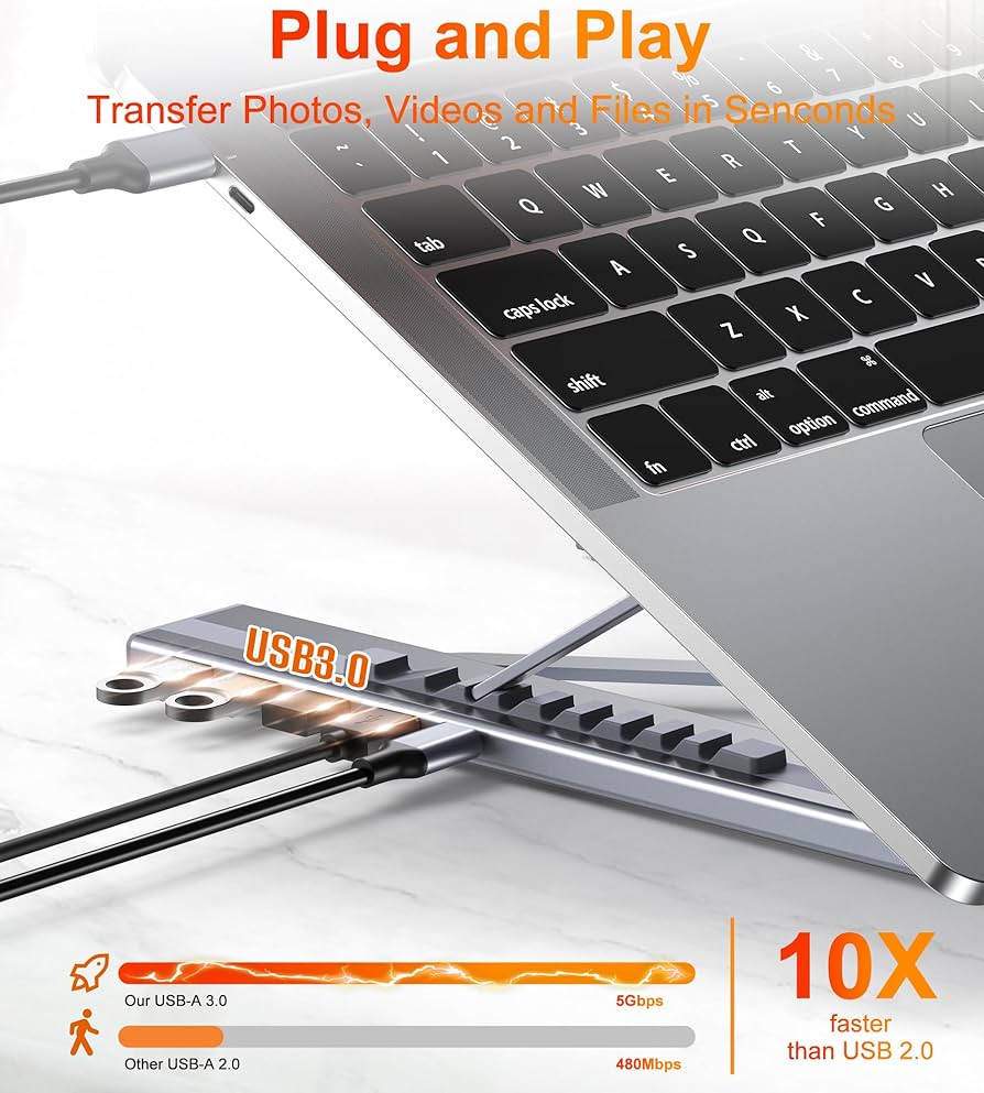 Hub USB-C 5 en 1 avec Support Réglable en Aluminium – 4 Ports USB 3.0 (5 Gbit/s) – Station d’Accueil Pliable pour Ordinateur Portable (MacBook, Dell, HP, Lenovo, etc.) – [Chargement non pris en charge]