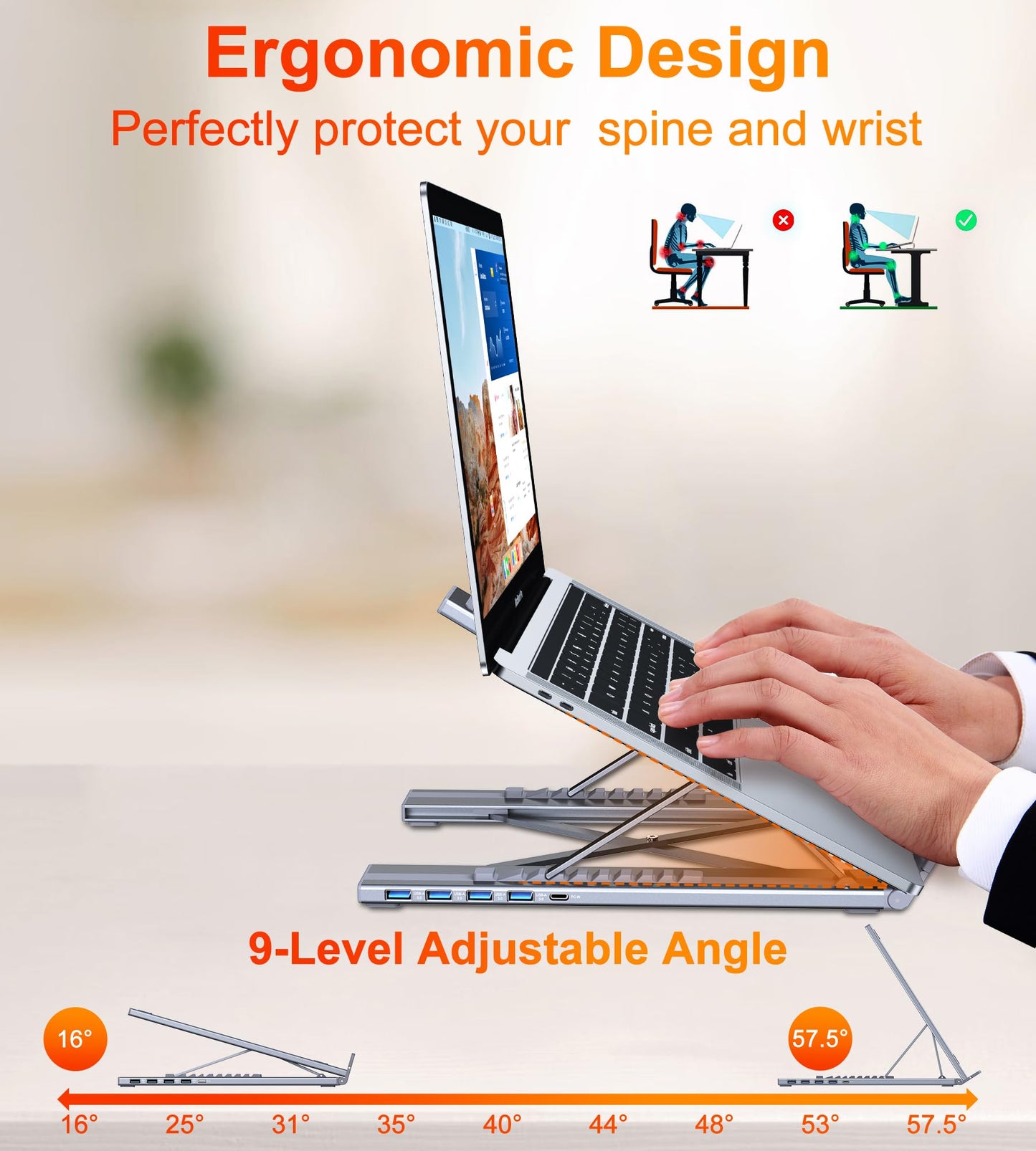 Hub USB-C 5 en 1 avec Support Réglable en Aluminium – 4 Ports USB 3.0 (5 Gbit/s) – Station d’Accueil Pliable pour Ordinateur Portable (MacBook, Dell, HP, Lenovo, etc.) – [Chargement non pris en charge]