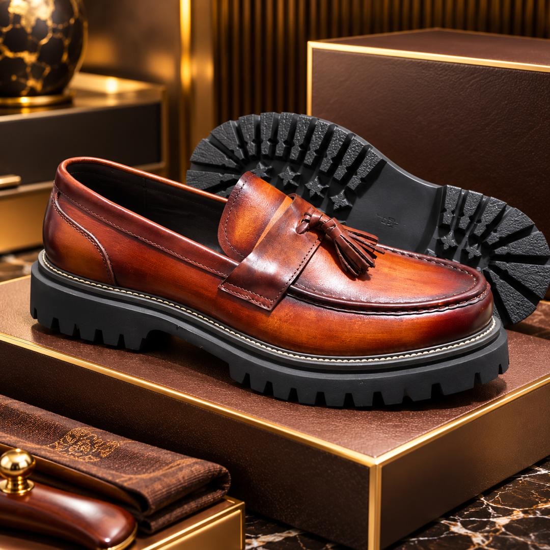 Mocassins à Glands en Cuir Patiné Cognac marron  – Semelle Épaisse Commando