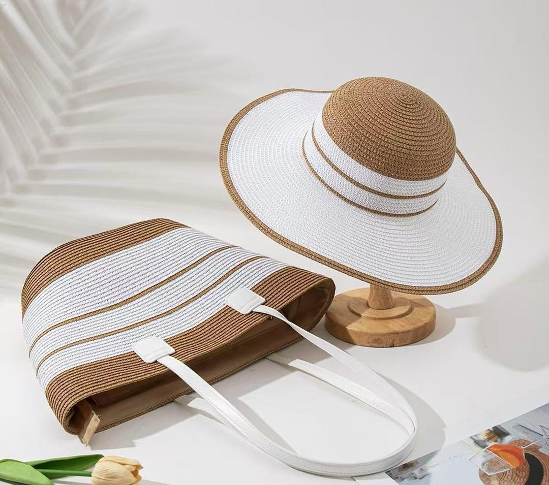 🏖️ Ensemble Été 2 Pièces : Chapeau de Paille & Sac Tissé Fourre-Tout S