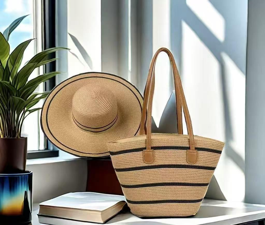 🏖️ Ensemble Été 2 Pièces : Chapeau de Paille & Sac Tissé Fourre-Tout G