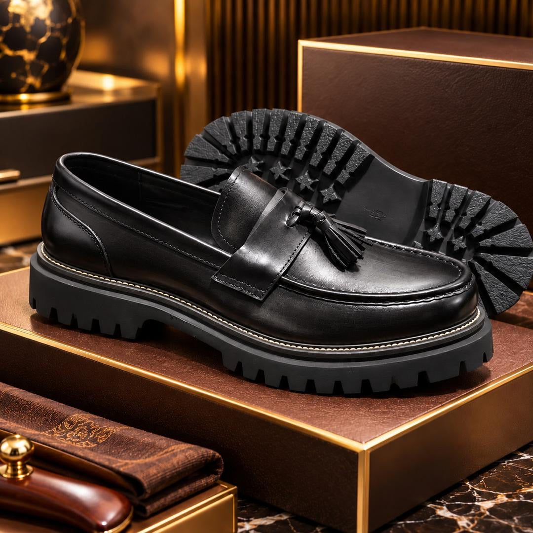 Mocassins à Glands en Cuir Patiné Cognac Noir 3– Semelle Épaisse Commando