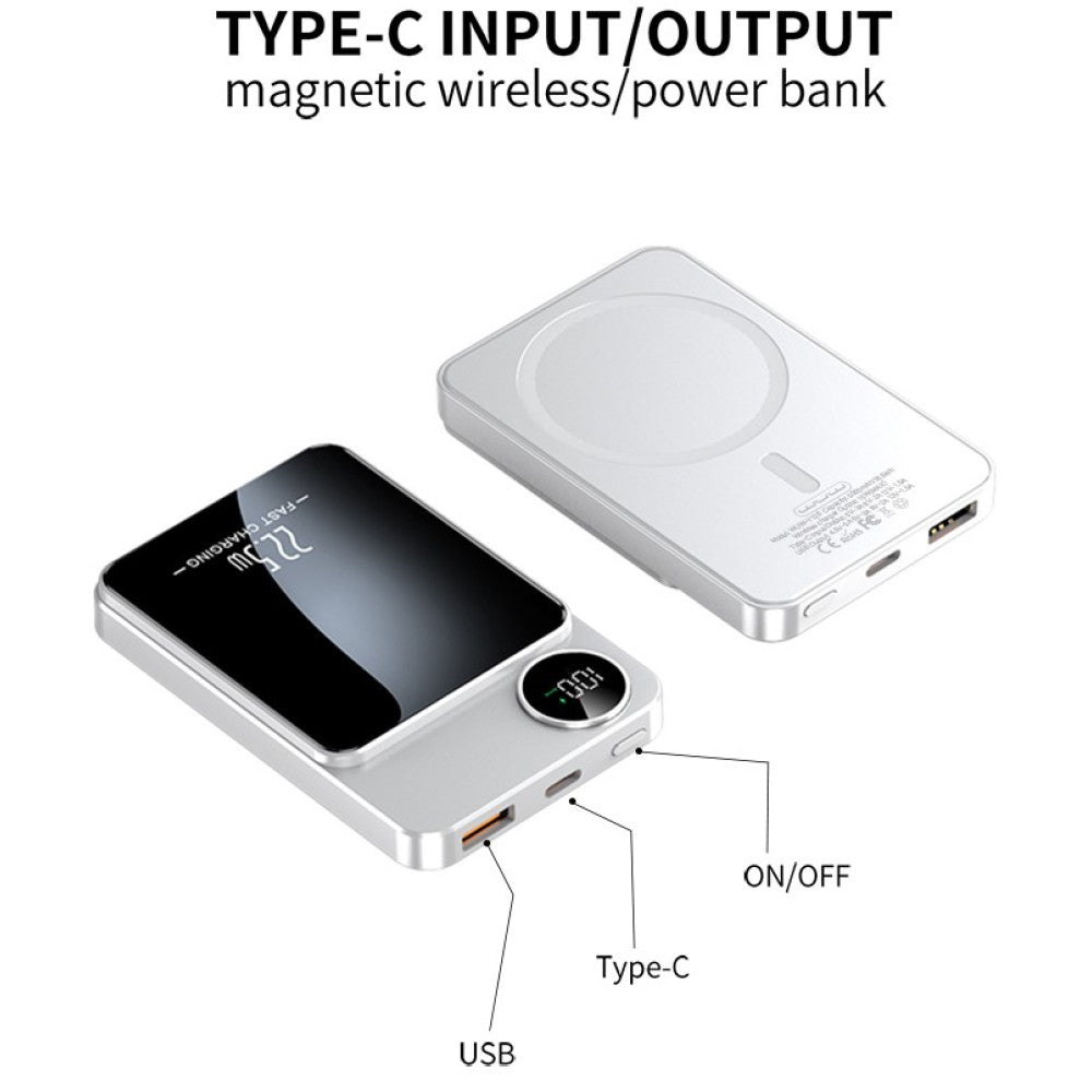 Power Bank Magnétique Sans Fil 5000mAh - Chargeur Rapide Type C 22.5W avec Affichage LED pour iPhone, Samsung, et MacSafe couleur Blanc