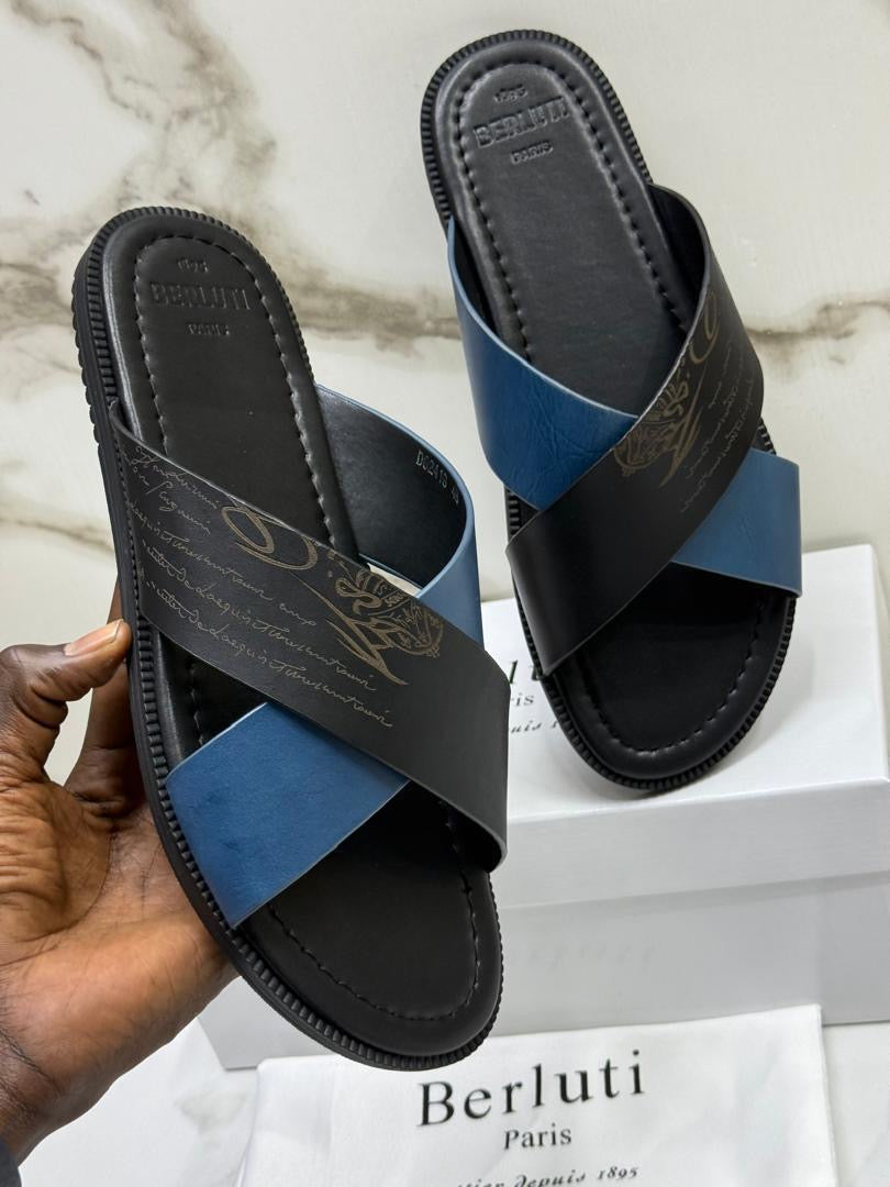 Sandales en Cuir Noir & Bleu simple